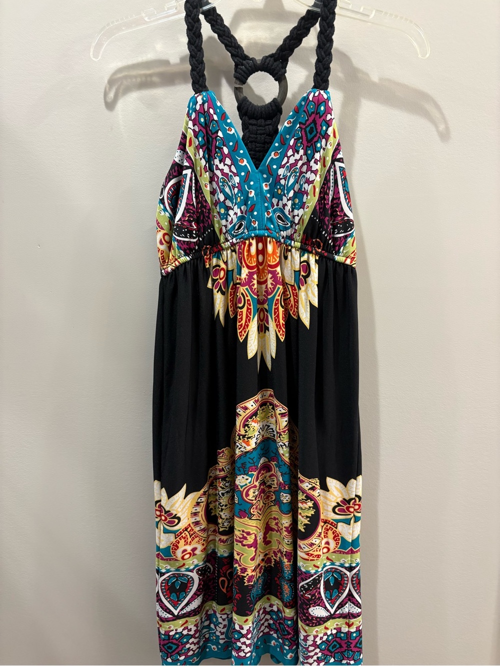 Maurices Black Maxi Dress with Turquoise, Magenta & Gold Print